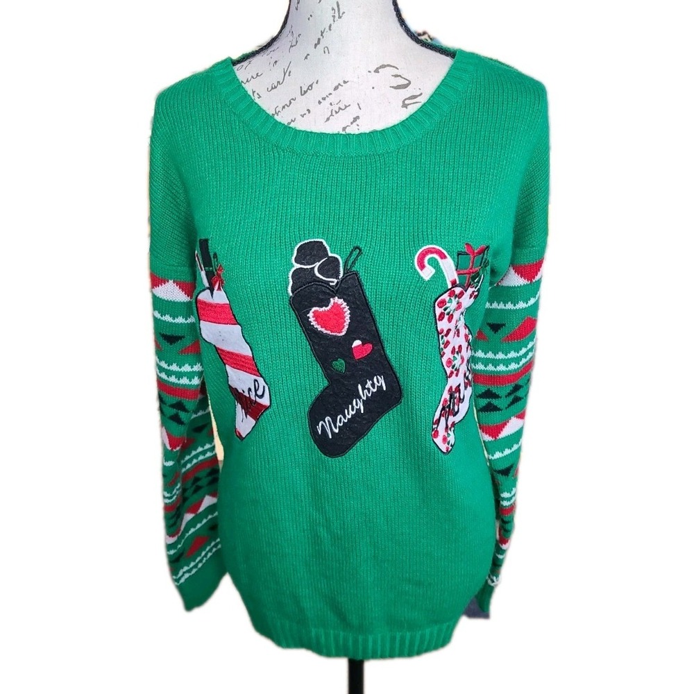 With Love Derek Ugly Christmas Sweater Green Fair Isle‎ Sleeves Size Large